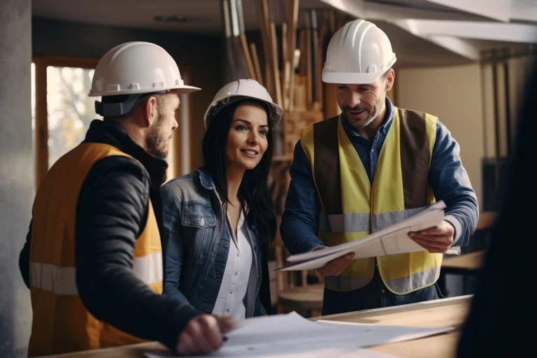 people in hard hats looking over blue prints