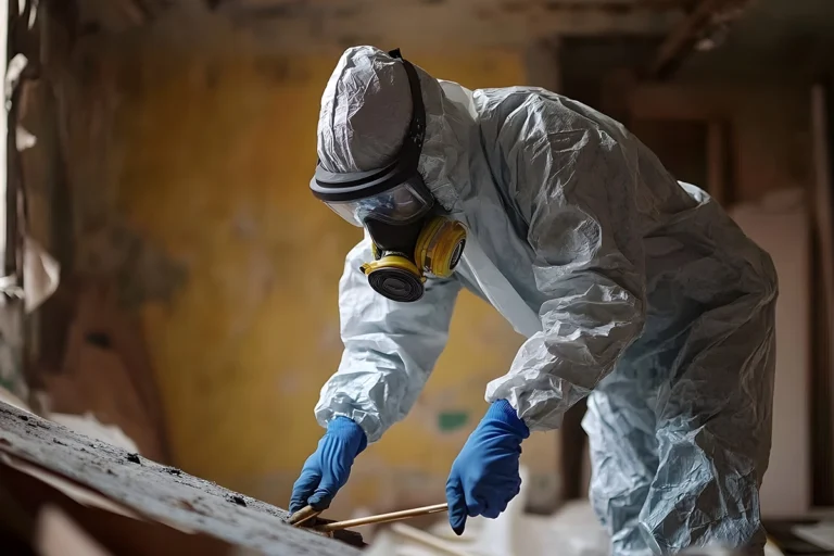 man in white hazmat suit cleaning