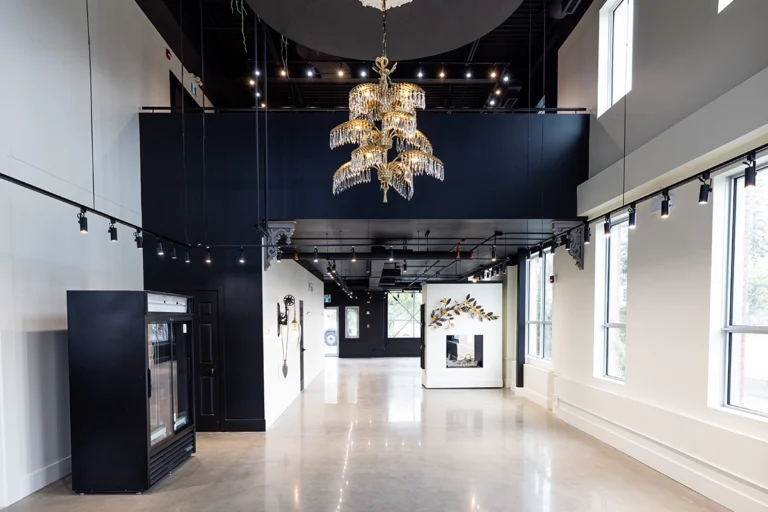 clean, Open space entry way with gold chandelier