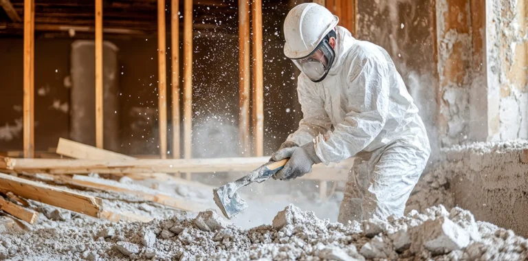 Man in a white hazmat suit crushing drywall with particles flying in the air